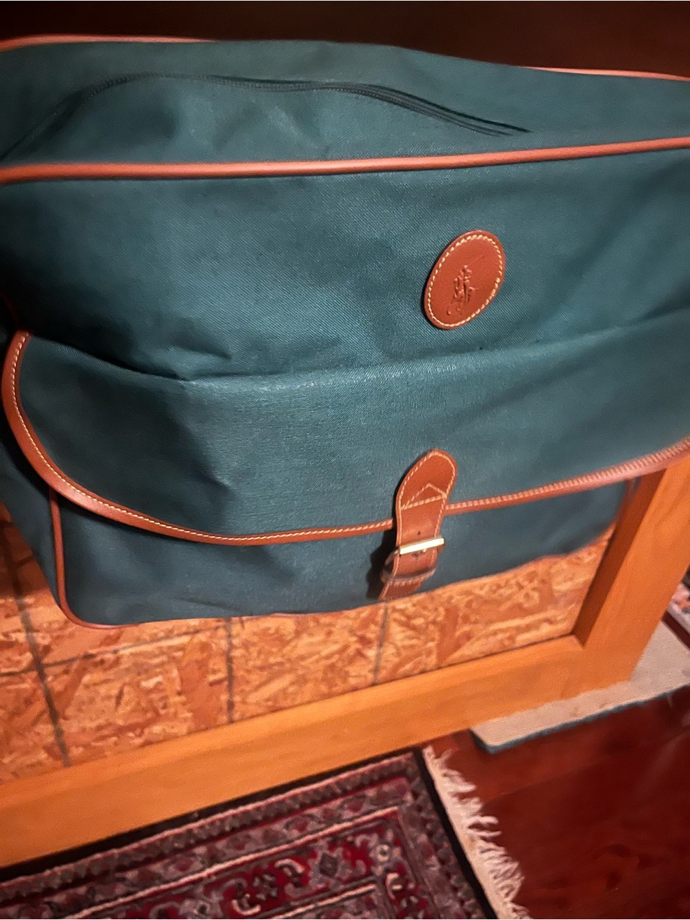 Teal Canvas Messenger Bag with Brown Leather Trim